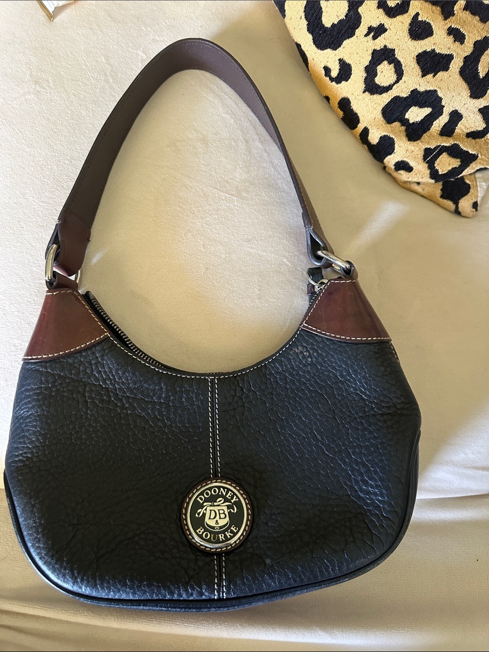 Vintage Dooney & Bourke Black Leather Shoulder Bag with Brown Trim
